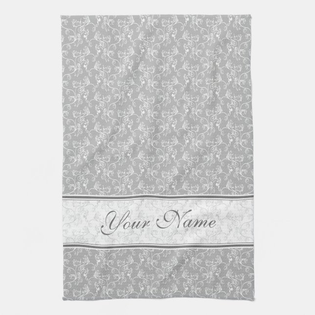 Soft Modern White&Grey Named Damask Tea Towel (Vertical)