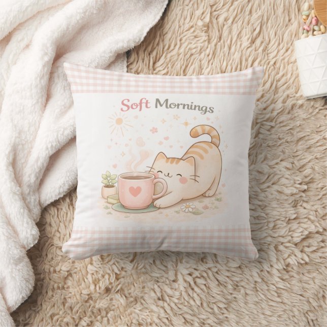 Soft Morning Cute Kitty Cat Pink Gingham Home  Cushion (Blanket)