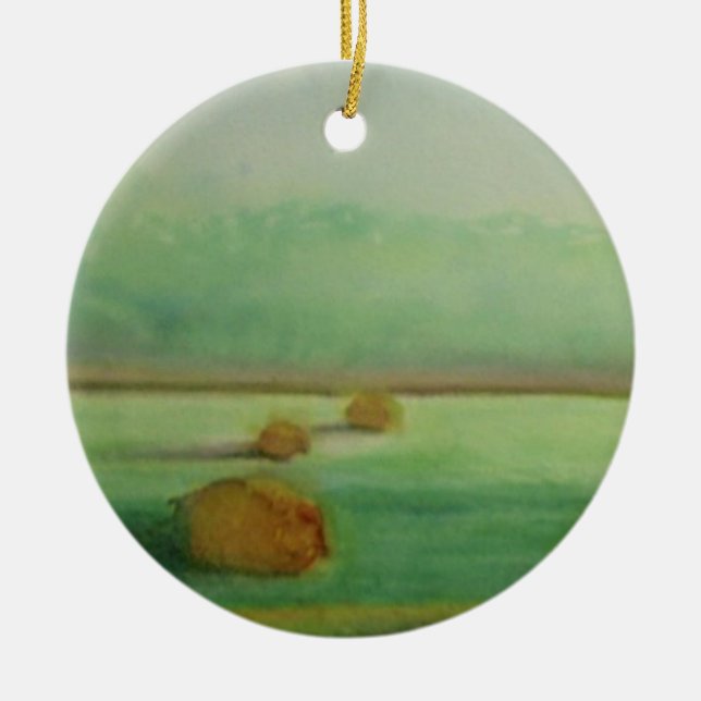 Soft Morning Light Hay in Field Ceramic Ornament (Front)