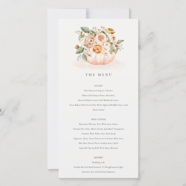 Soft Muted Blush Pink Pumpkin Floral Menu Card (Front)