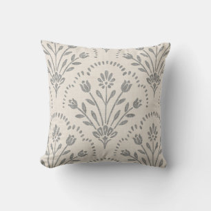 Soft Muted Charcoal & Beige Floral Scallop Pattern Cushion