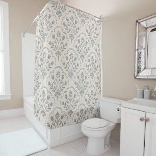 Soft Muted Charcoal & Beige Floral Scallop Pattern Shower Curtain
