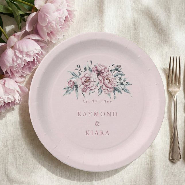 Soft Muted Dusty Pink Peony Wedding Paper Plate (dusty pink watercolor peony party plate)