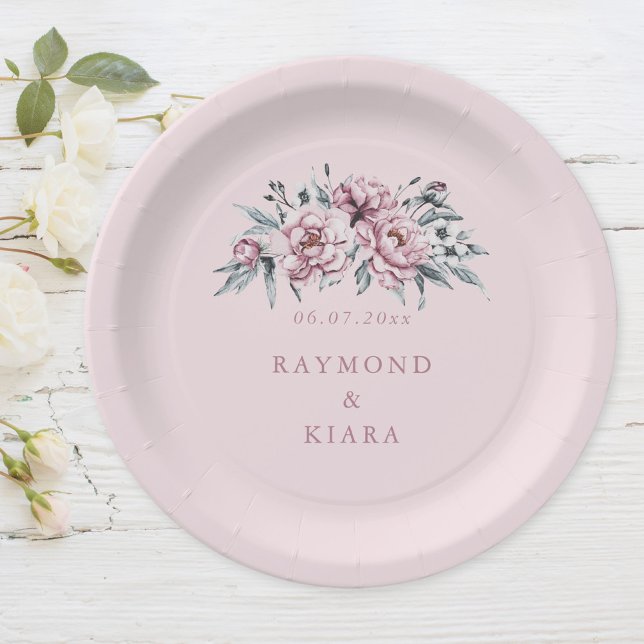 Soft Muted Dusty Pink Peony Wedding Paper Plate (dusty pink watercolor peony party plate)
