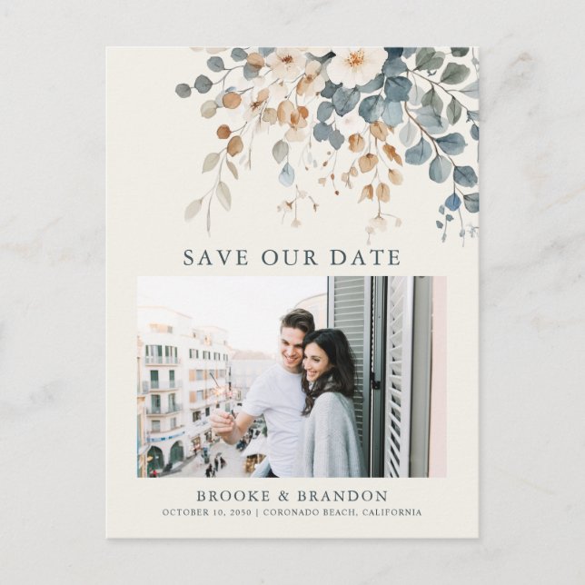 Soft Muted Earthy Tone Floral Photo Save the Date Postcard (Front)