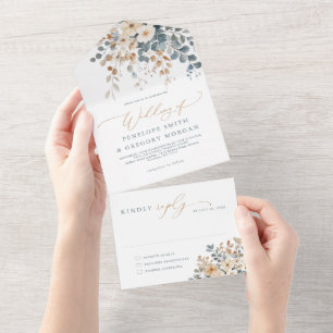 Soft Muted Earthy Tone Floral Watercolor Wedding All In One Invitation