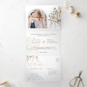 Soft Muted Earthy Tone Floral Watercolor Wedding Tri-Fold Announcement