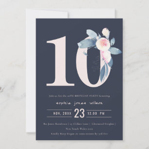 SOFT NAVY BLUSH BLUE FLORAL 10TH ANY AGE BIRTHDAY INVITATION