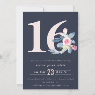 SOFT NAVY BLUSH BLUE FLORAL 16TH ANY AGE BIRTHDAY INVITATION