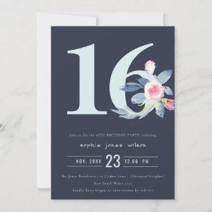 SOFT NAVY BLUSH BLUE FLORAL 16TH ANY AGE BIRTHDAY INVITATION