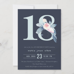 SOFT NAVY BLUSH BLUE FLORAL 18TH ANY AGE BIRTHDAY INVITATION