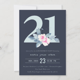 SOFT NAVY BLUSH BLUE FLORAL 21ST ANY AGE BIRTHDAY INVITATION