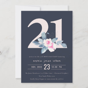 SOFT NAVY BLUSH BLUE FLORAL 21ST ANY AGE BIRTHDAY INVITATION