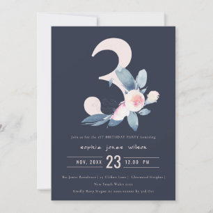 SOFT NAVY BLUSH BLUE FLORAL 3RD ANY AGE BIRTHDAY INVITATION