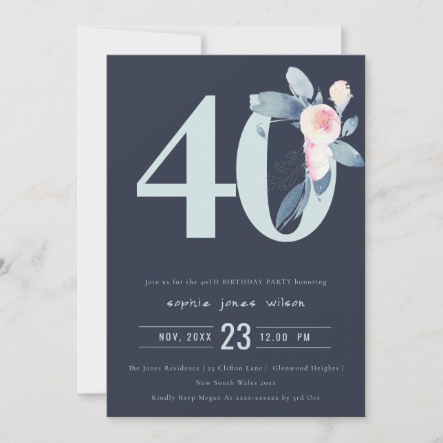 SOFT NAVY BLUSH BLUE FLORAL 40TH ANY AGE BIRTHDAY INVITATION (Front)
