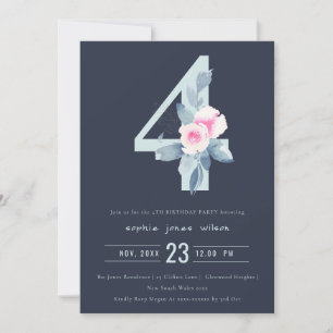 SOFT NAVY BLUSH BLUE FLORAL 4TH ANY AGE BIRTHDAY INVITATION