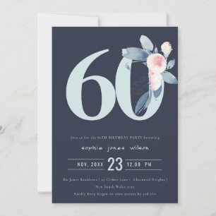 SOFT NAVY BLUSH BLUE FLORAL 60TH ANY AGE BIRTHDAY INVITATION