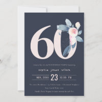 SOFT NAVY BLUSH BLUE FLORAL 60TH ANY AGE BIRTHDAY