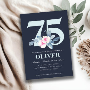 SOFT NAVY BLUSH BLUE FLORAL 75TH ANY AGE BIRTHDAY INVITATION