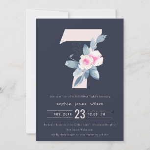 SOFT NAVY BLUSH BLUE FLORAL 7TH ANY AGE BIRTHDAY INVITATION