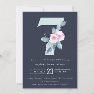 SOFT NAVY BLUSH BLUE FLORAL 7TH ANY AGE BIRTHDAY INVITATION