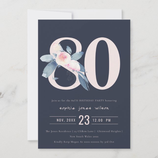 SOFT NAVY BLUSH BLUE FLORAL 80TH ANY AGE BIRTHDAY INVITATION (Front)