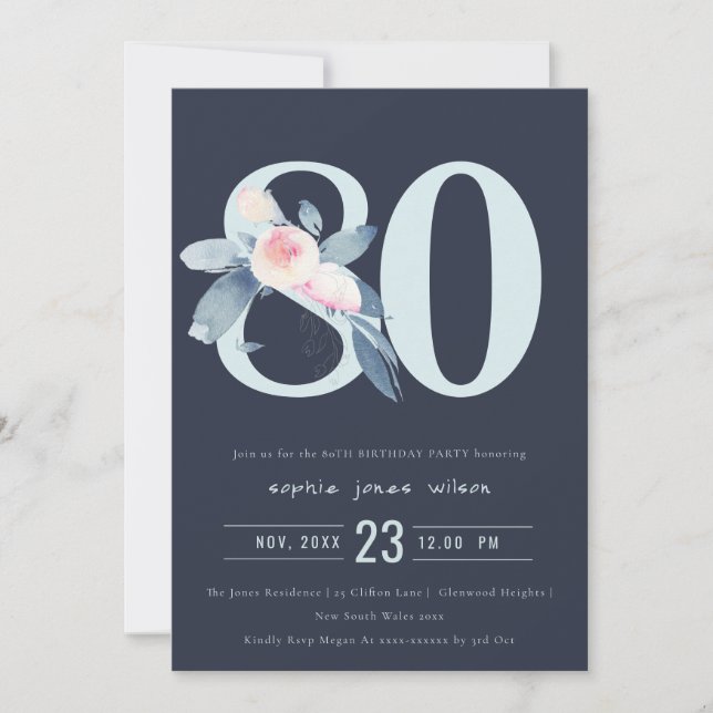 SOFT NAVY BLUSH BLUE FLORAL 80TH ANY AGE BIRTHDAY INVITATION (Front)