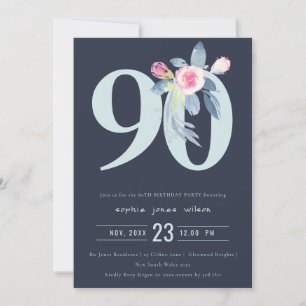 SOFT NAVY BLUSH BLUE FLORAL 90TH ANY AGE BIRTHDAY INVITATION