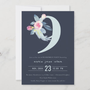 SOFT NAVY BLUSH BLUE FLORAL 9TH ANY AGE BIRTHDAY INVITATION