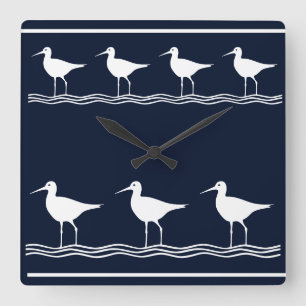 soft navy  Sand Pipers on  white Square Wall Clock