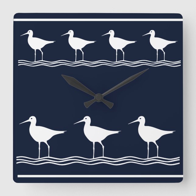 soft navy  Sand Pipers on  white Square Wall Clock (Front)