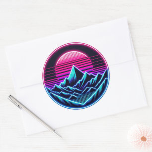 Soft Neon Mountain Circle – Minimal Retro Glow Classic Round Sticker