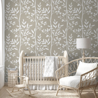 Soft Neutral Beige Floral Silhouette Botanical Art Wallpaper