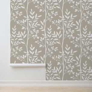 Soft Neutral Beige Floral Silhouette Botanical Art Wallpaper