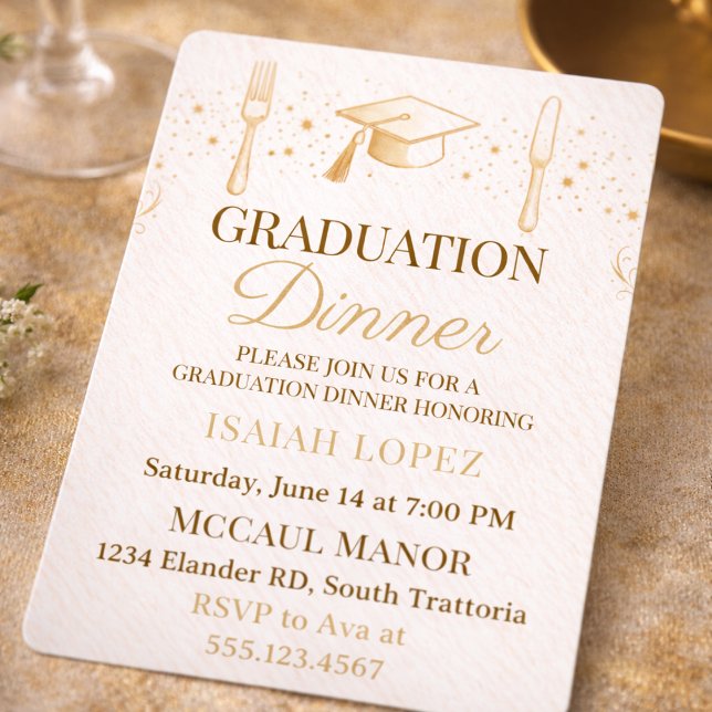 Soft Neutral Dinner Invitation (Soft cream and champagne tones set the scene for a refined graduation dinner gathering)