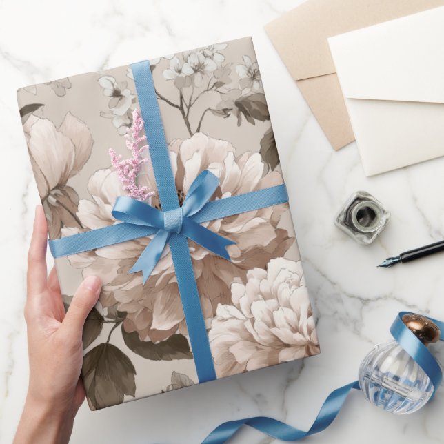 Soft Neutral Rose Beige Floral Pattern Wrapping Paper (Gifting)