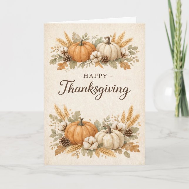 Soft Neutral Rustic Thanksgiving Pumpkin Card (Front)