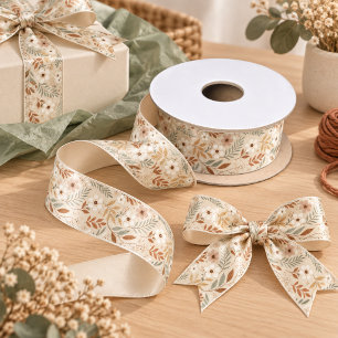 Soft Neutral Sage Terracotta Wildflowers Satin Ribbon