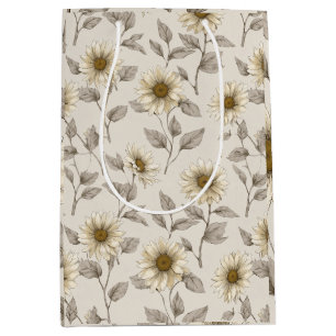 Soft Neutral Sunflower Cream Floral Pattern Medium Gift Bag