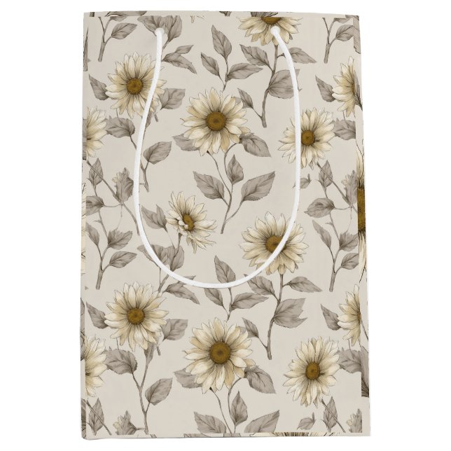 Soft Neutral Sunflower Cream Floral Pattern Medium Gift Bag (Front)