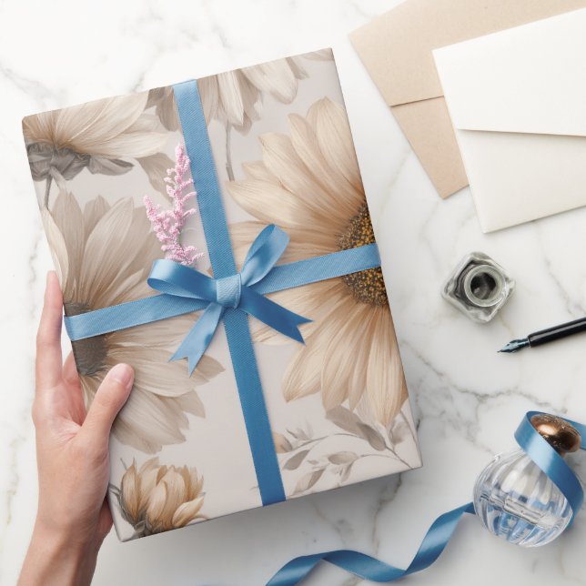 Soft Neutral Sunflower Cream Floral Pattern Wrapping Paper (Gifting)