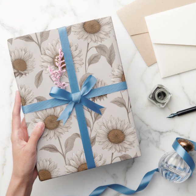 Soft Neutral Sunflower Cream Floral Pattern Wrapping Paper (Gifting)