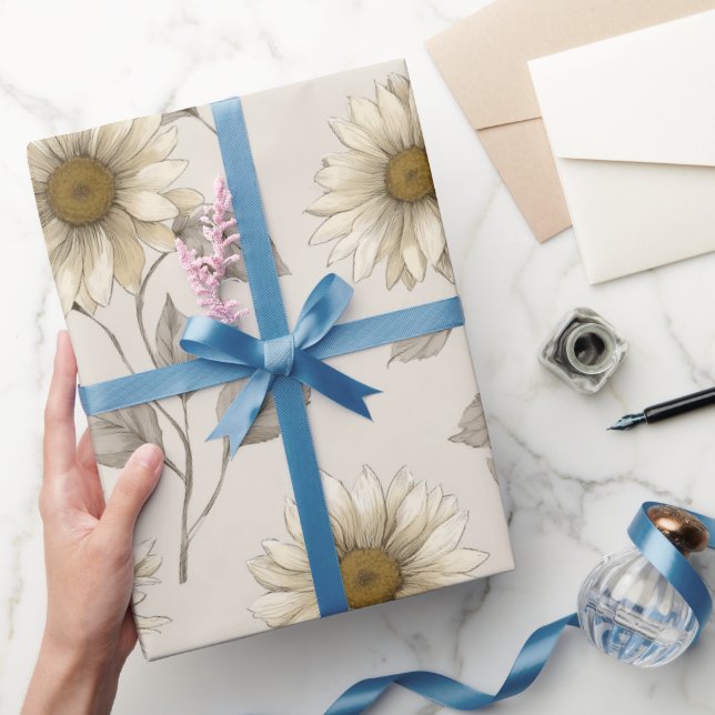 Soft Neutral Sunflower Cream Floral Pattern Wrapping Paper (Gifting)