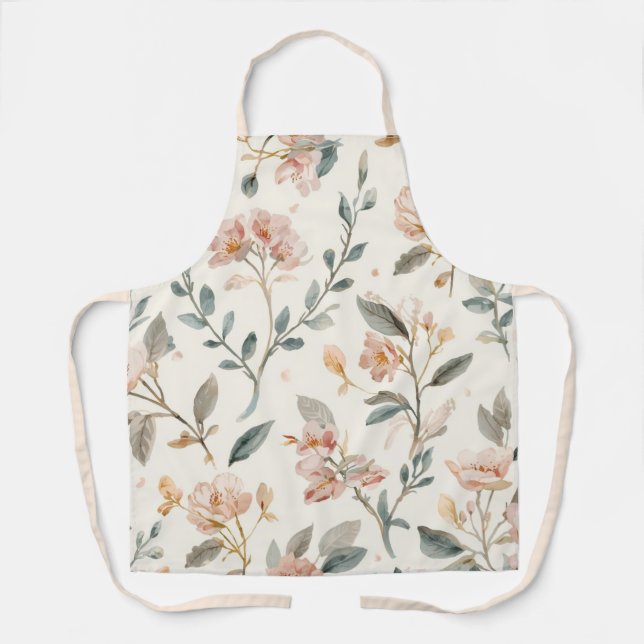 Soft Neutral Wildflower Sage Watercolor Botanical Apron (Front)