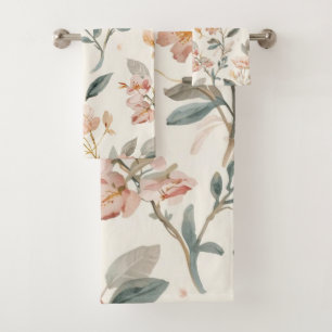 Soft Neutral Wildflower Sage Watercolor Botanical Bath Towel Set