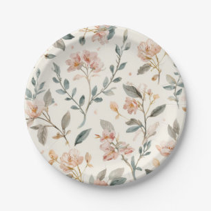 Soft Neutral Wildflower Sage Watercolor Botanical Paper Plate