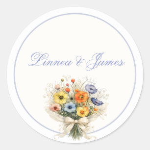 Soft Neutral Wildflowers Wedding Ivory Dusty Blue Classic Round Sticker