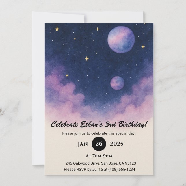 Soft Night Sky with Planets and Clouds Birthday  Invitation (Front)