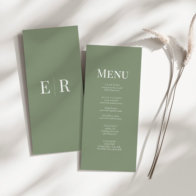 Soft Olive Green Monogram Wedding Menu Card (Soft Olive Green Monogram Wedding Menu Card on a sunny white table.)