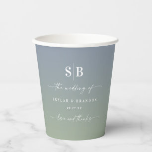 Soft Ombre Dusty Blue & Green Wedding Monogram Paper Cups